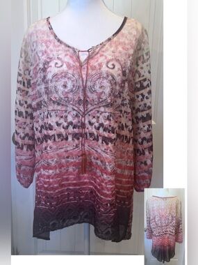 ONE WORLD Coral Peach Brown Printed Boho Sheer Top Gathered in back Sz Large